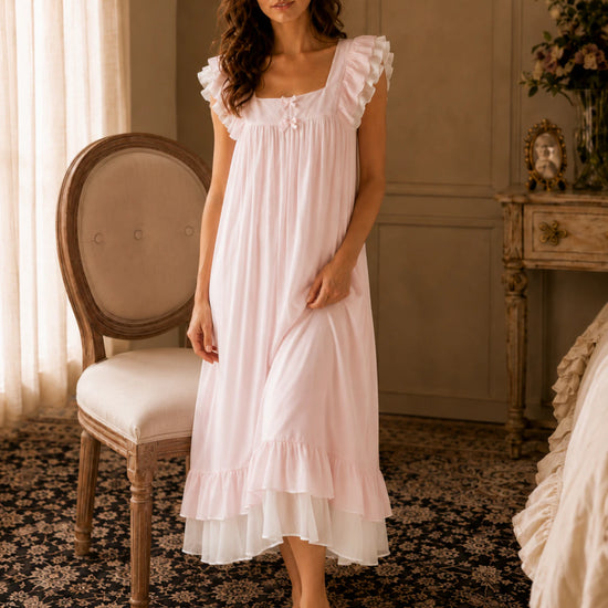 Soft pink SlesSic vintage nightgown with feminine ruffle shoulder details