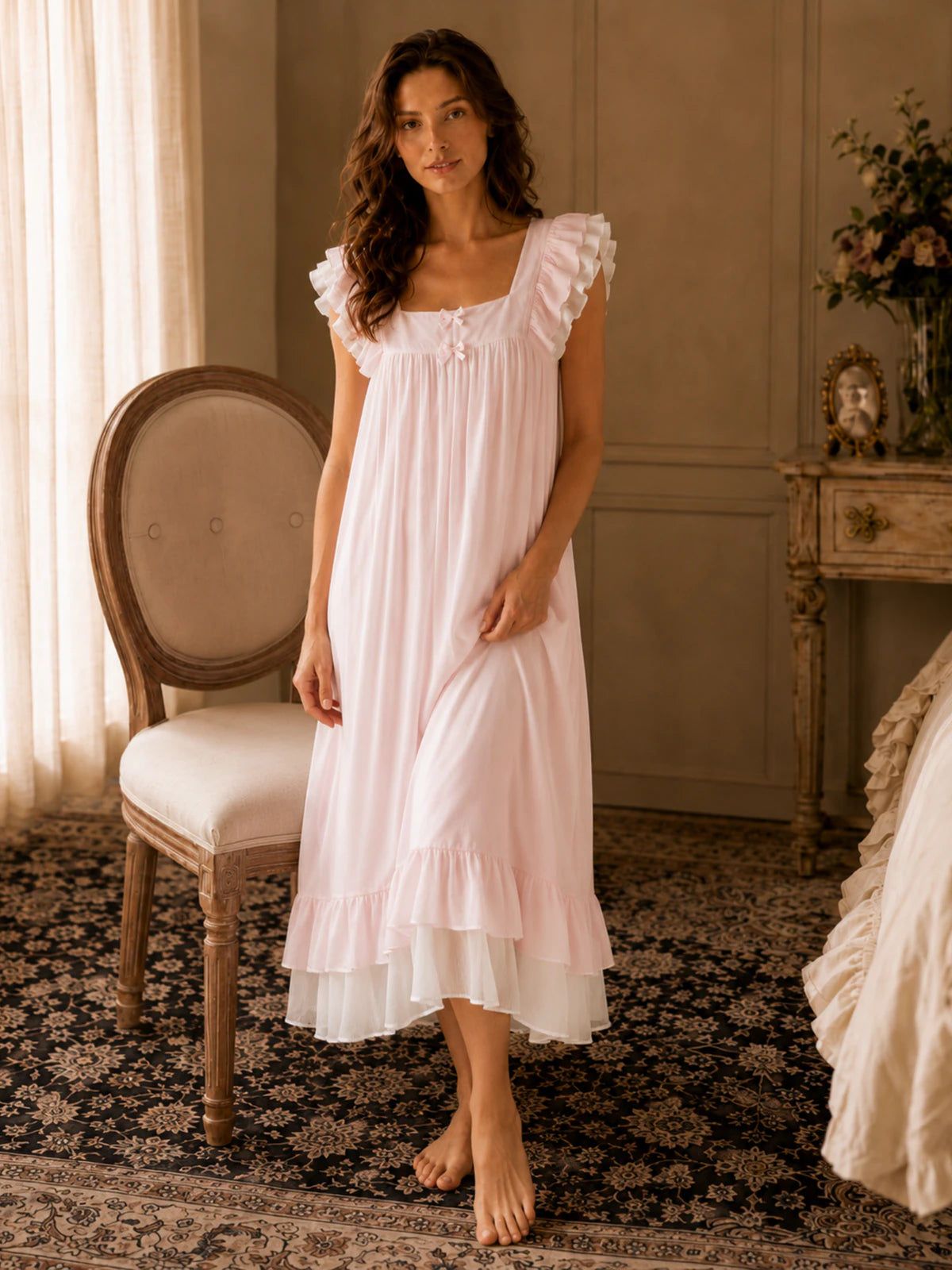 Soft pink SlesSic vintage nightgown with feminine ruffle shoulder details