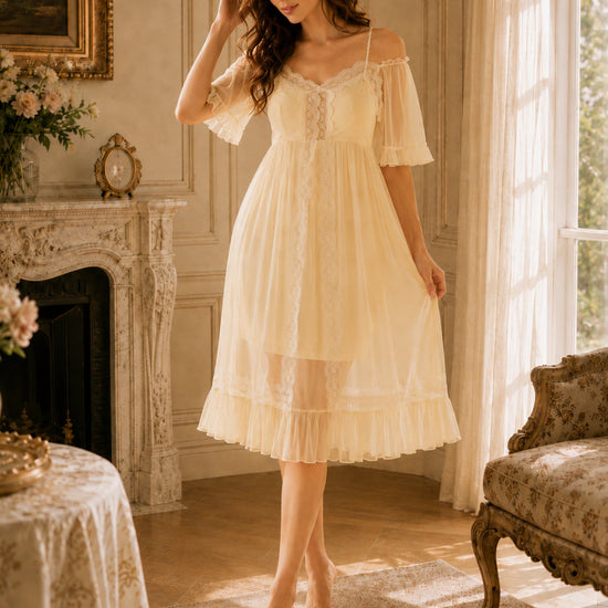 Vintage-inspired ivory lace lounge nightgown with soft flowing fit