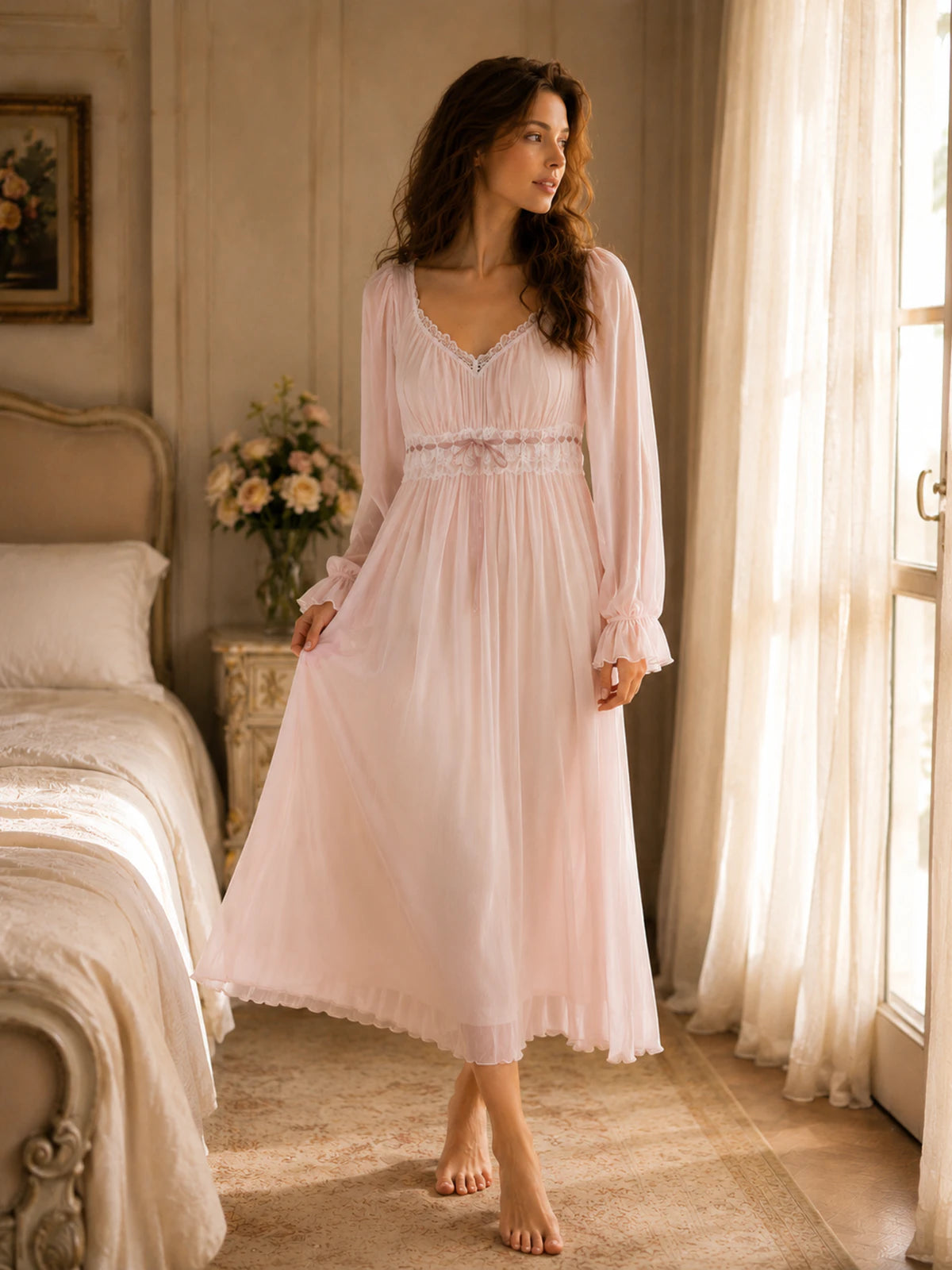 Elegant blush pink lounge dress with flowing silhouette