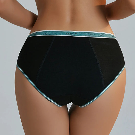Back view of black protective period briefs for women