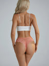 Back view of pink floral lace thong panties for women