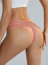 Back view of sheer floral lace cheeky panties in soft pink