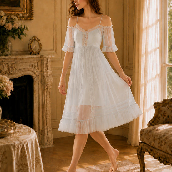 Soft blue off shoulder lounge dress with delicate lace detailing