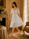 Soft blue off shoulder lounge dress with delicate lace detailing