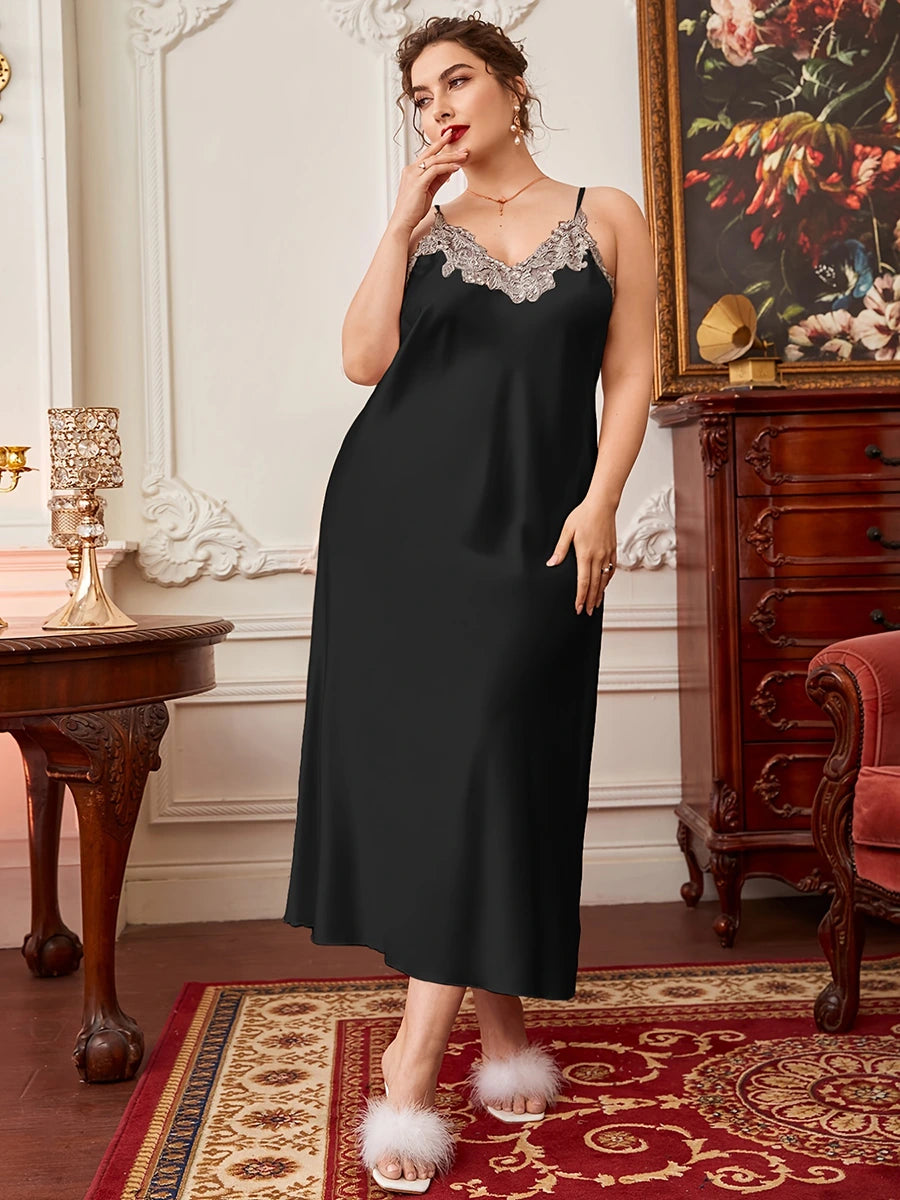 Black Classic Plus Size Sexy Satin Shiny Smooth Elegant Slip Nightdress