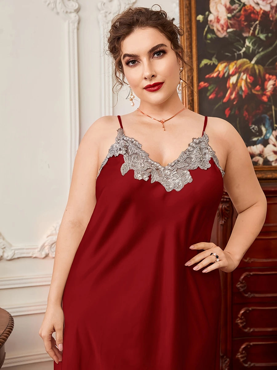 Red Classic Plus Size Sexy Satin Shiny Smooth Elegant Slip Nightdress