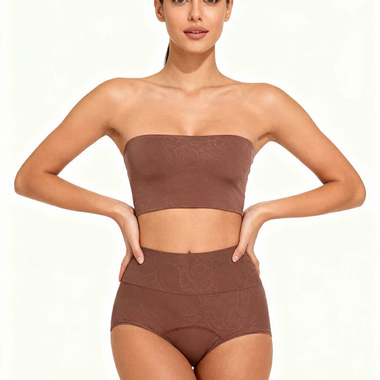 Model wearing brown high waist absorbent period underwear