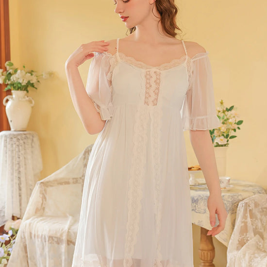 Slessic Vintage French Romantic Double-Layer Mesh Exquisite Transparent Lace Embroidered Slip Short-Sleeved Nightdress Sleepwear Nightwear