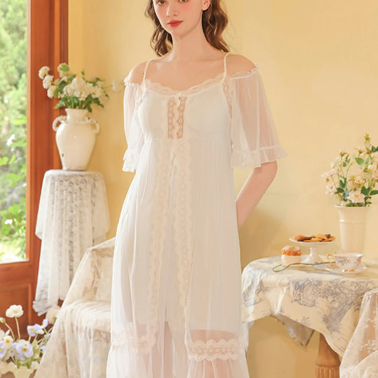 Slessic Vintage French Romantic Double-Layer Mesh Exquisite Transparent Lace Embroidered Slip Short-Sleeved Nightdress Sleepwear Nightwear