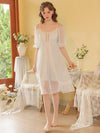 Soft blue off shoulder lounge dress with delicate lace detailing