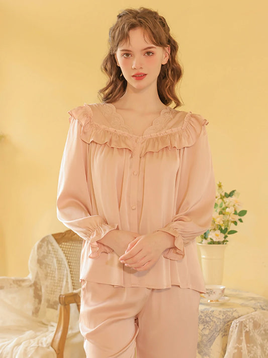 Slessic Vintage Satin Ruffled Edge Lace Embroidery Pajamas Set