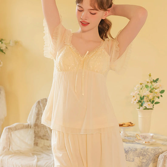 Slessic Vintage Romantic Princess Style See-Through Double-Layer Mesh Exquisite Embroidery Cute Bow Short-Sleeved Pajama Set