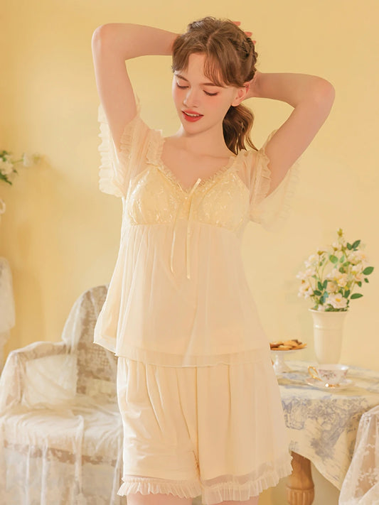 Slessic Vintage Romantic Princess Style See-Through Double-Layer Mesh Exquisite Embroidery Cute Bow Short-Sleeved Pajama Set