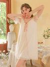 Bow mesh viscose nightgown with double-layer lace