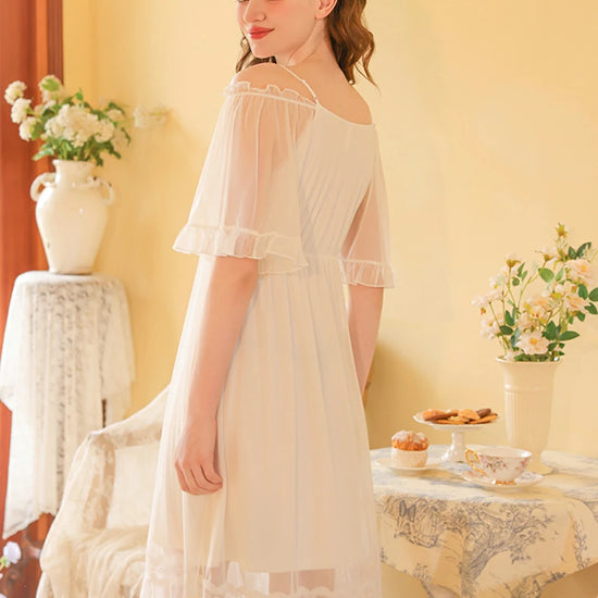 Slessic Vintage French Romantic Double-Layer Mesh Exquisite Transparent Lace Embroidered Slip Short-Sleeved Nightdress Sleepwear Nightwear