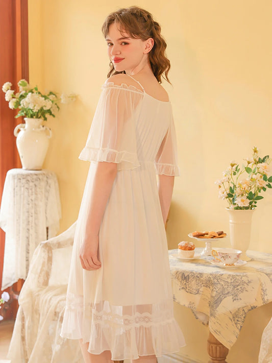 Slessic Vintage French Romantic Double-Layer Mesh Exquisite Transparent Lace Embroidered Slip Short-Sleeved Nightdress Sleepwear Nightwear