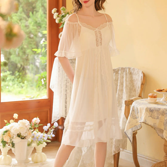 Slessic Vintage French Romantic Double-Layer Mesh Exquisite Transparent Lace Embroidered Slip Short-Sleeved Nightdress Sleepwear Nightwear