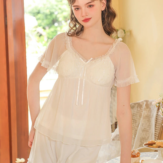 Slessic Vintage Romantic Princess Style See-Through Double-Layer Mesh Exquisite Embroidery Cute Bow Short-Sleeved Pajama Set