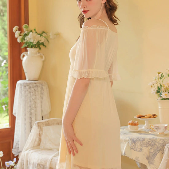Slessic Vintage French Romantic Double-Layer Mesh Exquisite Transparent Lace Embroidered Slip Short-Sleeved Nightdress Sleepwear Nightwear