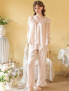 Soft luxury loungewear with delicate lace and ruffle details