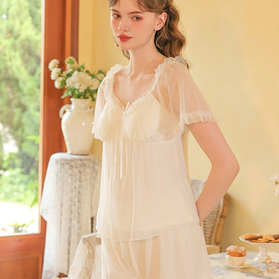 Slessic Vintage Romantic Princess Style See-Through Double-Layer Mesh Exquisite Embroidery Cute Bow Short-Sleeved Pajama Set
