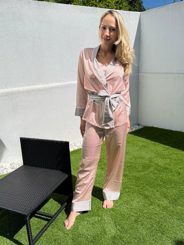 Slessic Classic Satin Houndstooth Elegant Long Sleeve Three Piece Camisole Robe Loungewear Nightwear Sleepwear Pajama Set