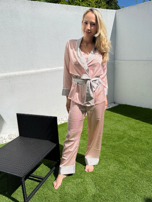 Slessic Classic Satin Houndstooth Elegant Long Sleeve Three Piece Camisole Robe Loungewear Nightwear Sleepwear Pajama Set