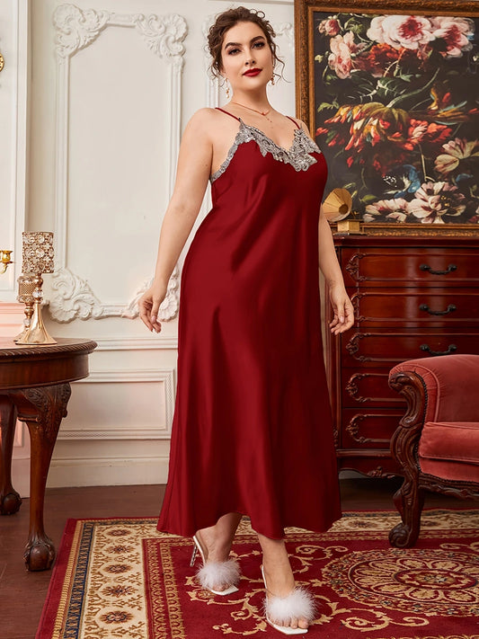 Red Classic Plus Size Sexy Satin Shiny Smooth Elegant Slip Nightdress