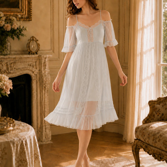 Elegant sheer lace nightgown with chiffon sleeves and ruffle hem