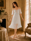 Elegant sheer lace nightgown with chiffon sleeves and ruffle hem
