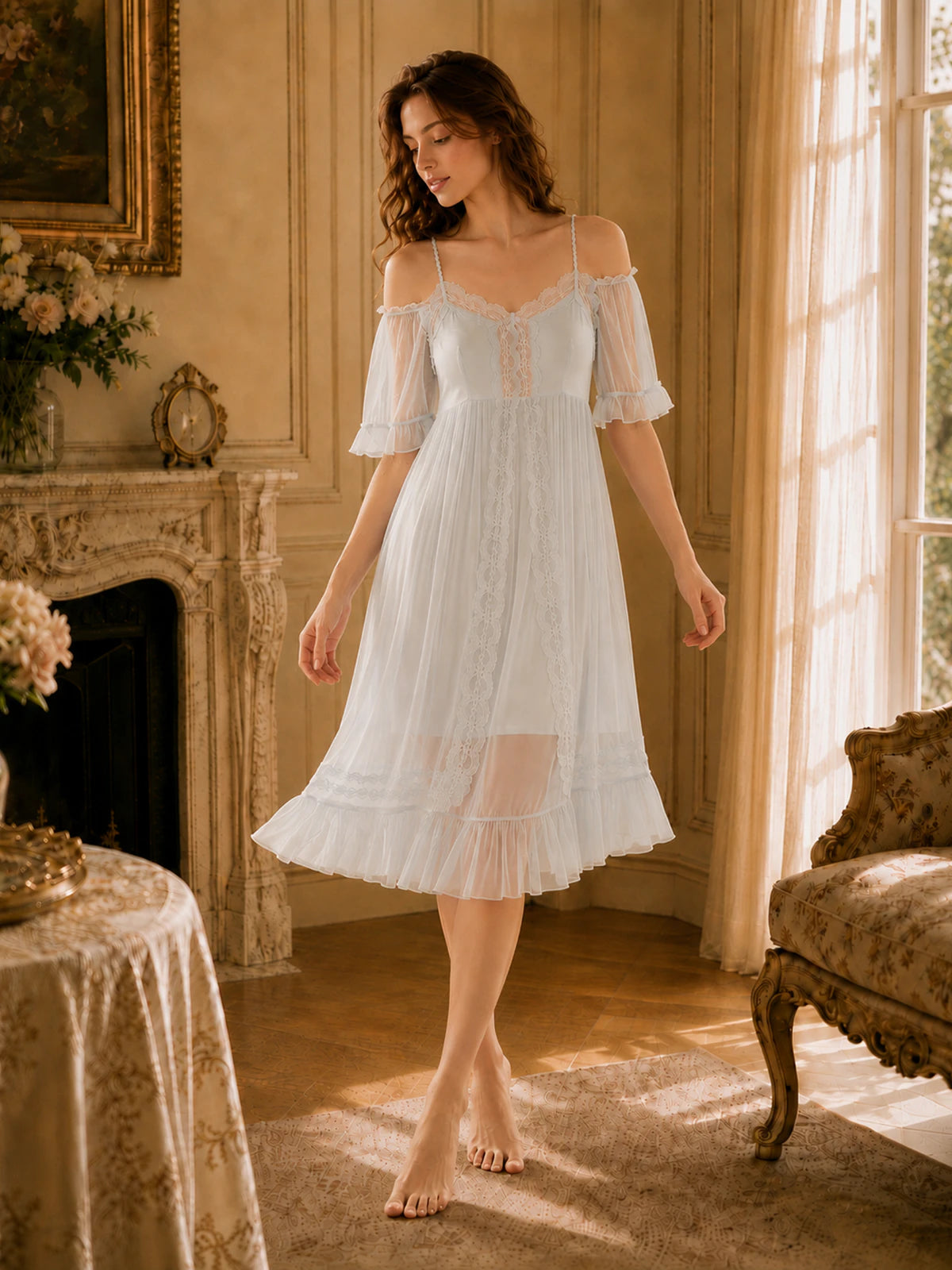Elegant sheer lace nightgown with chiffon sleeves and ruffle hem