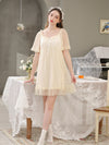 Light yellow lace nightdress with sheer flutter sleeves and ruffled hem