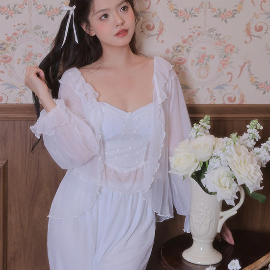 Slessic Vintage Princess Style Romantic Sheer Mesh Outer Robe Cute Polka Dot Camisole Three-Piece Pajama Set
