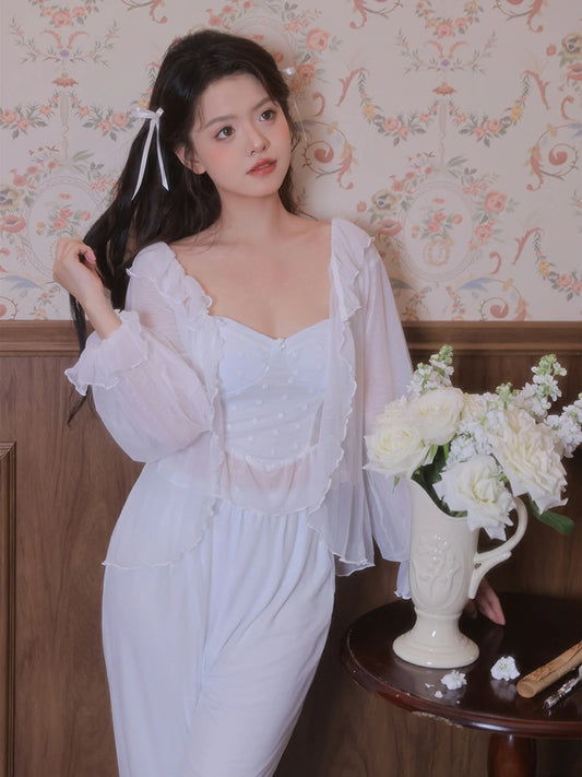 Slessic Vintage Princess Style Romantic Sheer Mesh Outer Robe Cute Polka Dot Camisole Three-Piece Pajama Set