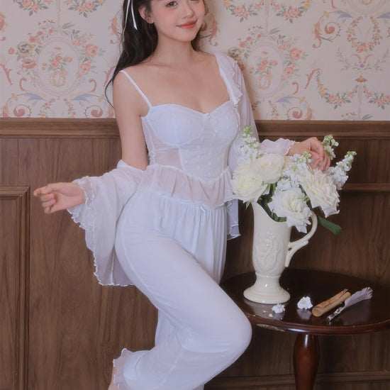 Slessic Vintage Princess Style Romantic Sheer Mesh Outer Robe Cute Polka Dot Camisole Three-Piece Pajama Set