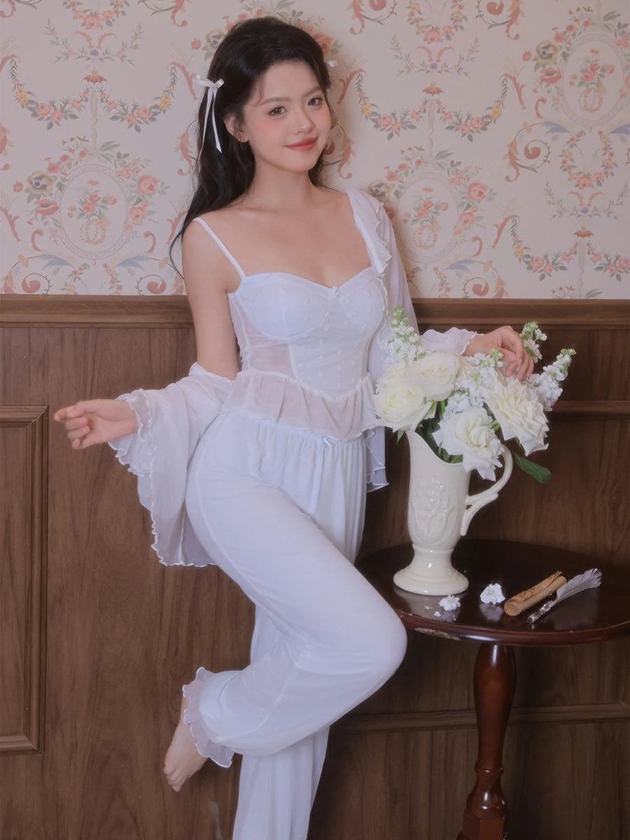 Slessic Vintage Princess Style Romantic Sheer Mesh Outer Robe Cute Polka Dot Camisole Three-Piece Pajama Set