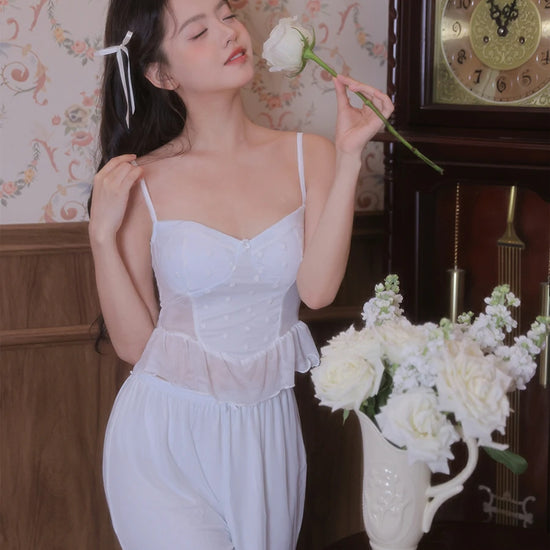 Slessic Vintage Princess Style Romantic Sheer Mesh Outer Robe Cute Polka Dot Camisole Three-Piece Pajama Set