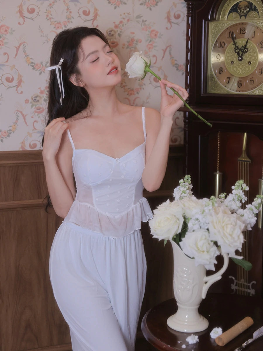 Slessic Vintage Princess Style Romantic Sheer Mesh Outer Robe Cute Polka Dot Camisole Three-Piece Pajama Set