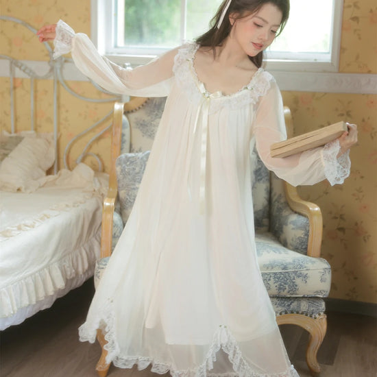 Romantic white lace nightgown with cute bow detail