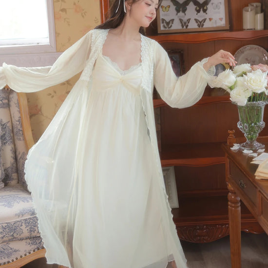 Slessic Romantic Vintage See-Through Mesh Lace Exquisite Embroidered Robe Double-Layer Slip Nightwear Nightgown Set