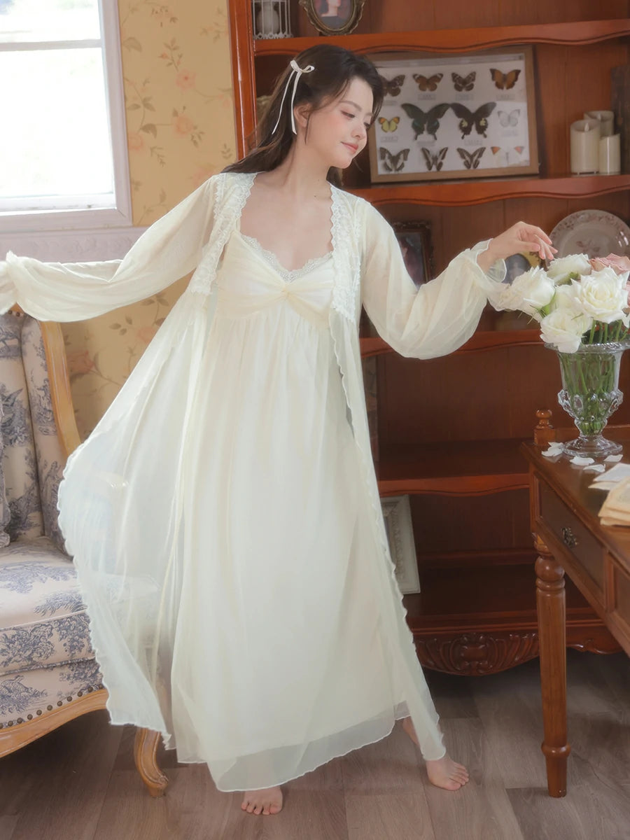 Slessic Romantic Vintage See-Through Mesh Lace Exquisite Embroidered Robe Double-Layer Slip Nightwear Nightgown Set
