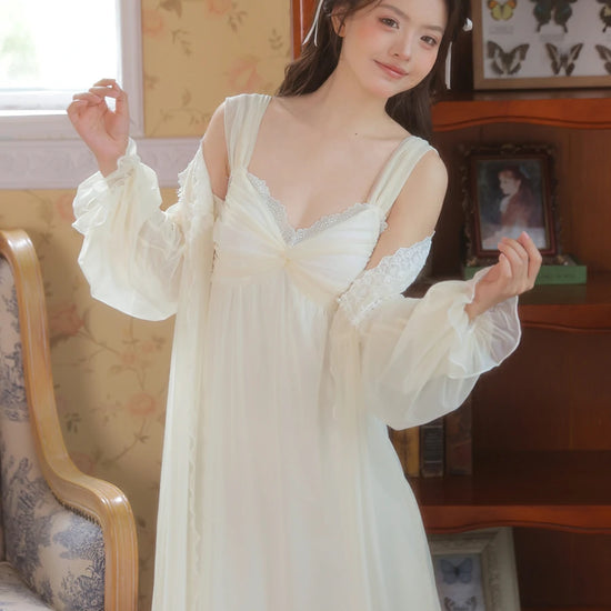 Slessic Romantic Vintage See-Through Mesh Lace Exquisite Embroidered Robe Double-Layer Slip Nightwear Nightgown Set
