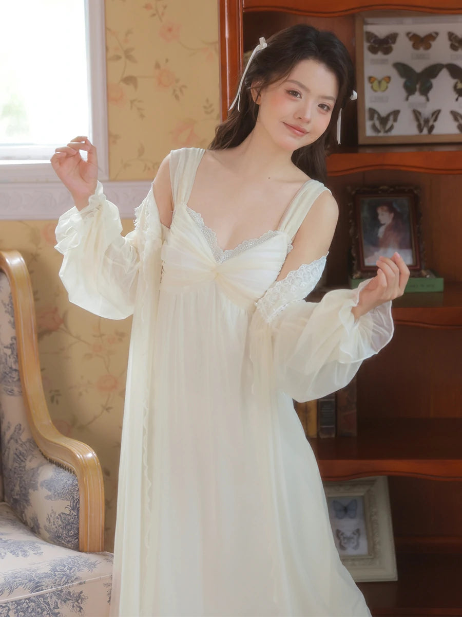 Slessic Romantic Vintage See-Through Mesh Lace Exquisite Embroidered Robe Double-Layer Slip Nightwear Nightgown Set