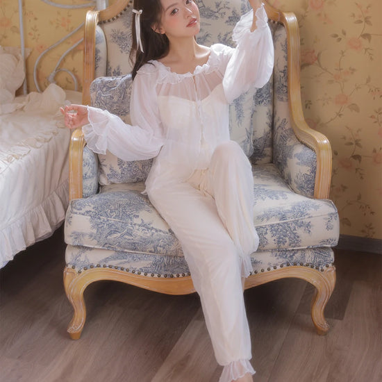 Slessic Vintage Princess Style Romantic Sheer Mesh Outer Robe Cute Polka Dot Camisole Three-Piece Pajama Set