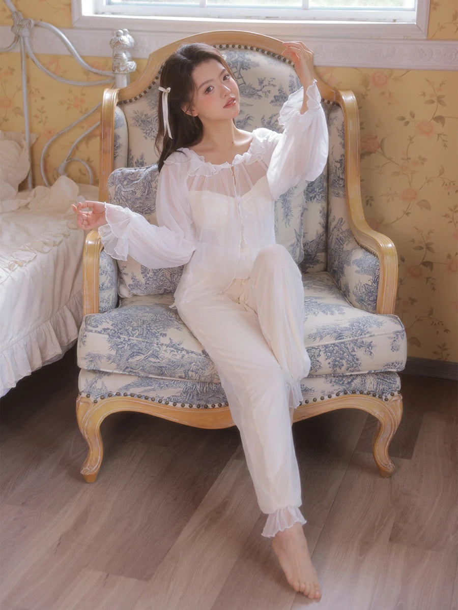 Slessic Vintage Princess Style Romantic Sheer Mesh Outer Robe Cute Polka Dot Camisole Three-Piece Pajama Set