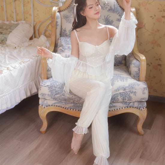 Slessic Vintage Princess Style Romantic Sheer Mesh Outer Robe Cute Polka Dot Camisole Three-Piece Pajama Set