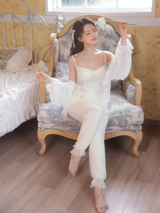 Slessic Vintage Princess Style Romantic Sheer Mesh Outer Robe Cute Polka Dot Camisole Three-Piece Pajama Set