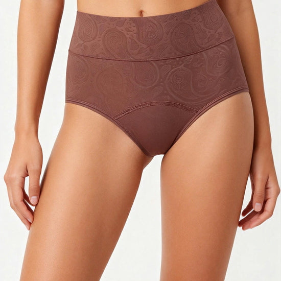 Front view of brown high waist leakproof period panties for women