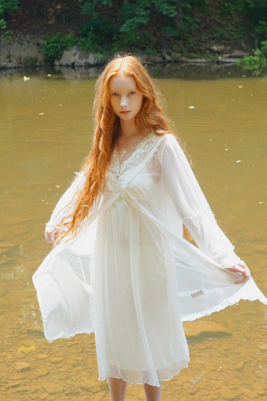 Slessic Romantic Vintage Sexy See-Through Cutout Mesh Lace Autumn Modal Advanced Nightwear Sleepwear Nightgown set